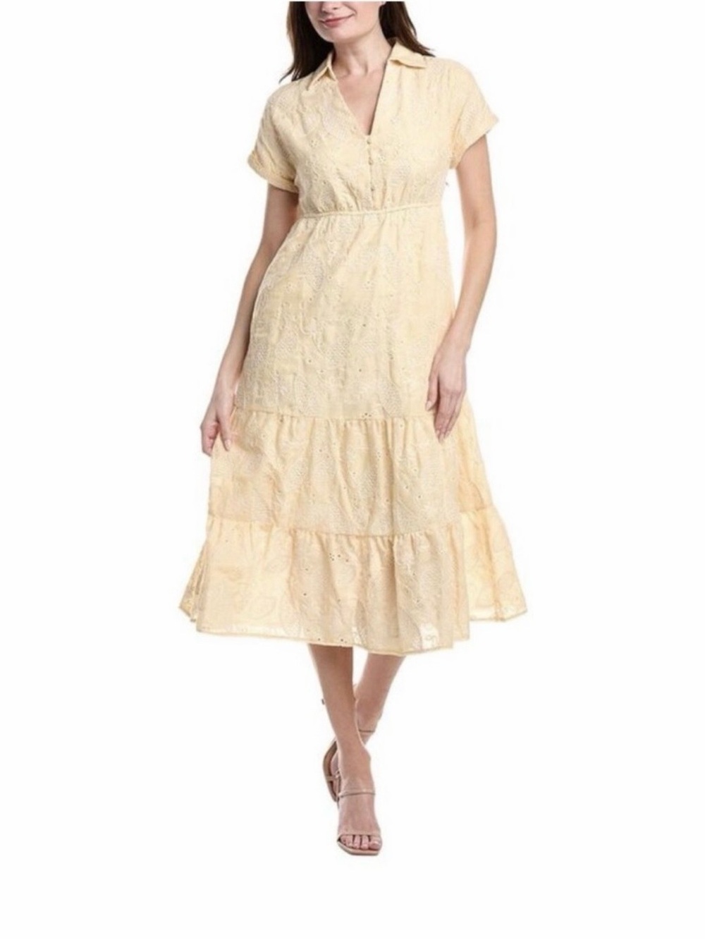 Sam Edelman Pale Yellow Eyelet Shirt-Collar Tiered Midi Dress